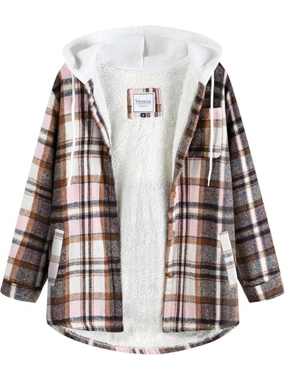 Pink Women's Plaid Flannel Long Sleeve Fleece Jacket Winter Coat with Side Pocke